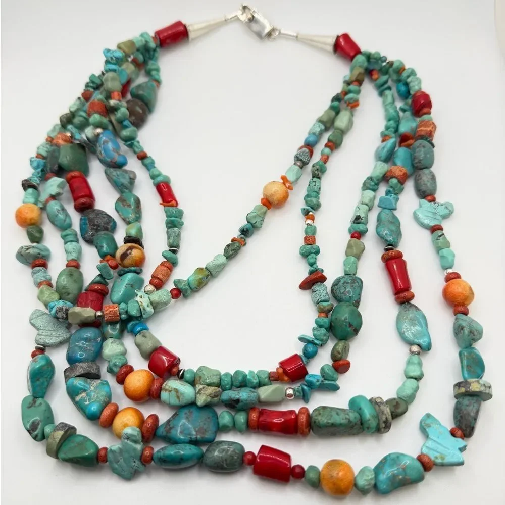 AMAZING ~20" 5 strands of Coral, Silver, TURQUOISE beads w/ VTG 925 TAXCO clasp! - Picture 8 of 13
